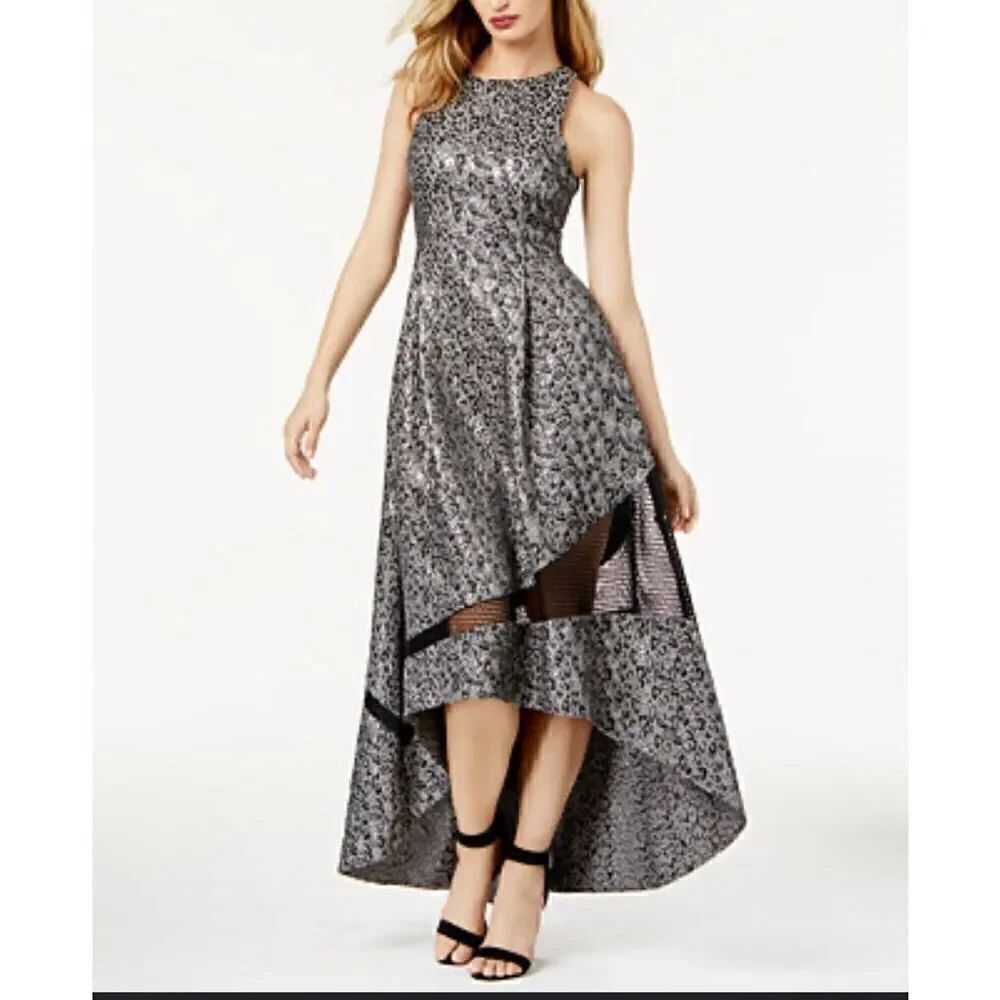 SB Sachine + Babi metallic print mesh -inset Hi-lo evening Gown 6